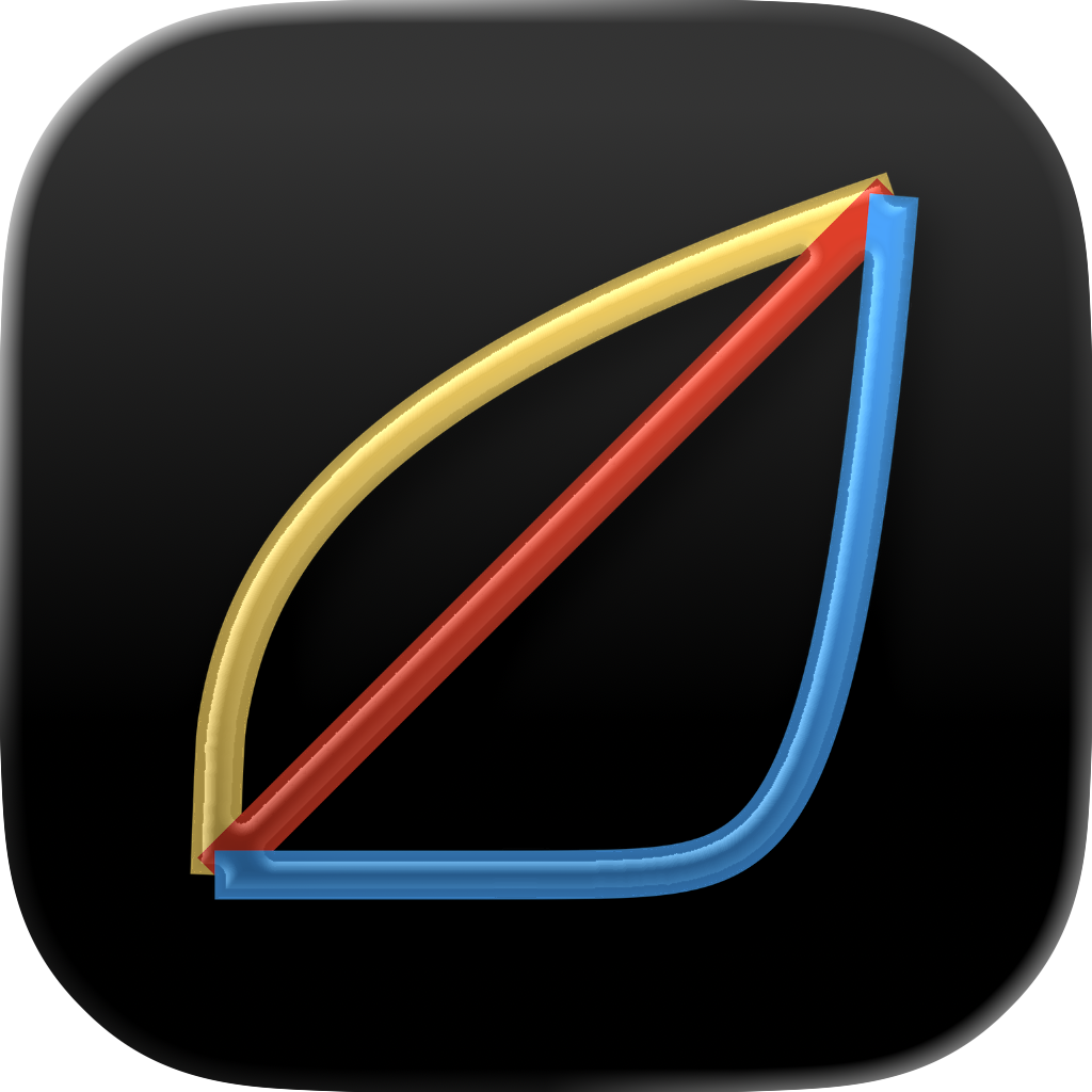 Application icon for VolCurv, a nonlinear volume control for macOS. The icon consists of three lines, each graphing a power function, that is x raised to a number or power.